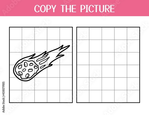 Copy the picture activity page for kids. Draw and color meteorite using the example. Space educational game template for school and preschool. Vector illustration