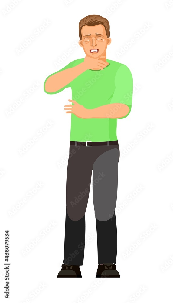 Guy is sick. Sore throat. Angina. Young handsome boy. Sad. In jeans and T-shirt. Painfully. Single is worth it. Cartoon flat style. The illustration is isolated on a white background. Vector