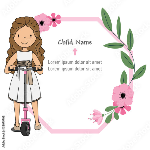 My first communion card. Girl on scooter and frame with space for text or photo	
