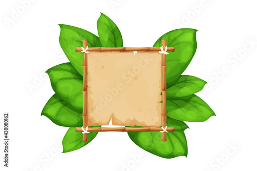 Bamboo frame with parchment in cartoon style decorated exotic, palm leaves isolated on white background. Jungle, tropical decoration.