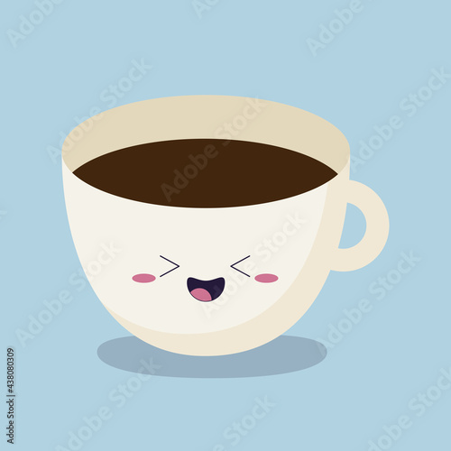 Cute cartoon cup of coffee with happy smiling face isolated on blue background. Kawaii cartoon character in doodle style. . Vector illustration