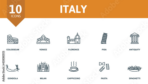 Italy icon set. Contains editable icons italy theme such as colosseum, florence, antiquity and more.