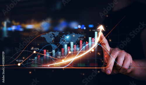 Businessman touching arrow graph growth. Business strategy and digital marketing. Financial business investment. 