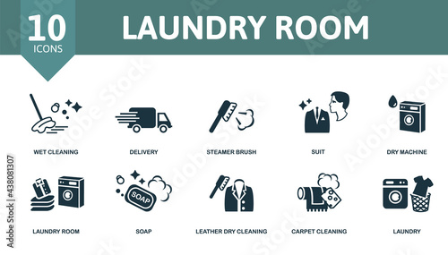 Laundry Room icon set. Contains editable icons laundry theme such as wet cleaning, steamer brush, dry machine and more.