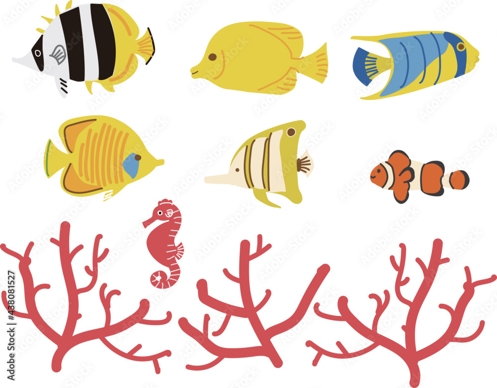 熱帯魚と珊瑚のイラストセット Stock Vector Adobe Stock