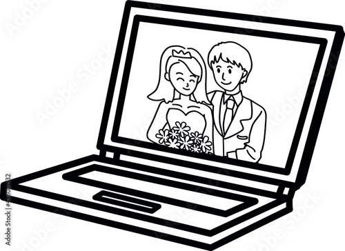 ベクター素材　オンライン結婚式　新郎新婦のイラスト