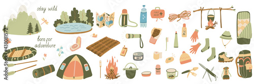 Big set of vector illustrations of tourism and camping equipment in flat style.  Hand drawn isolated elements or icons for summer camp brochure,  posters.