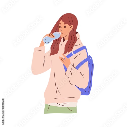 Young woman drinking water from plastic bottle. Thirsty female character standing with refreshing aqua. Healthy thirst quenching concept. Flat vector illustration isolated on white background