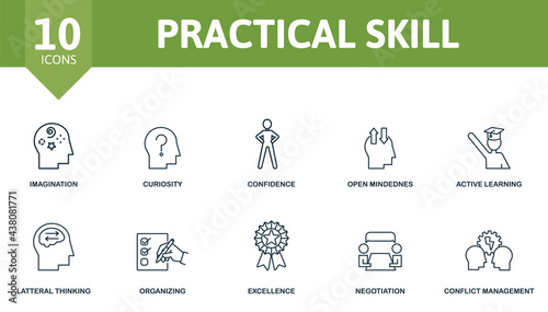 Practical Skill icon set. Contains editable icons life skills theme such as imagination, confidence, active learning and more.