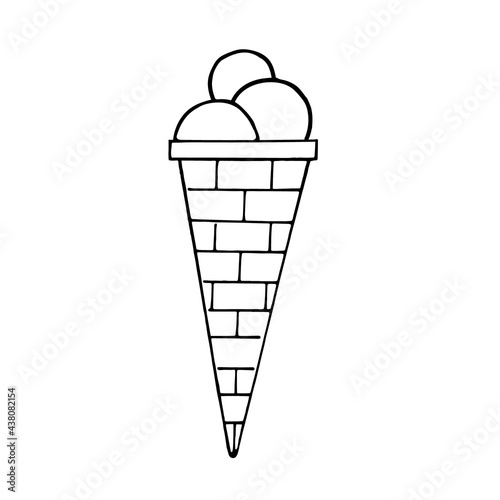 Ice cream in a waffle cone cup on a white background, doodle.Vector dessert can be used in menus, postcards,and textiles.