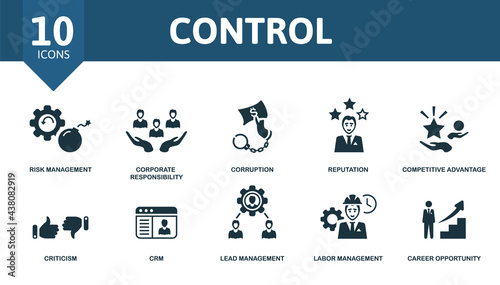 Control icon set. Contains editable icons management theme such as risk management, corruption, competitive advantage and more.