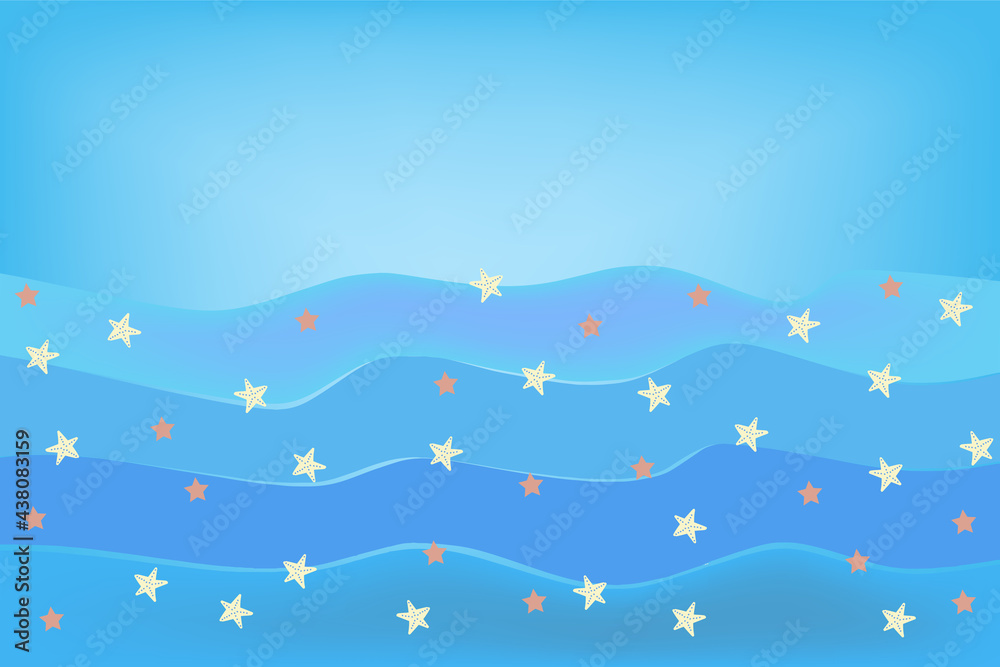 background with waves and stars, vector drawing blue colors, summer background