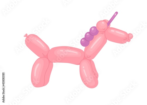 Animal-shaped balloon, cute childish fairy unicorn toy with horns. Twisted helium latex ballon for children. Colored flat vector illustration of kids magic character isolated on white background