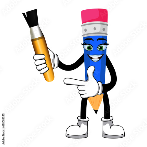 Mascot pencil character standing and holding paint brush and pointing with cheerful expression