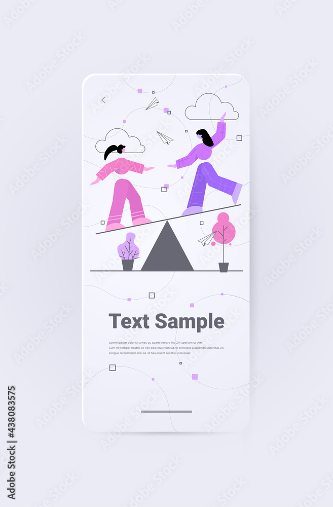 two businesswomen balancing on scales competition challenge leadership concept full length vertical