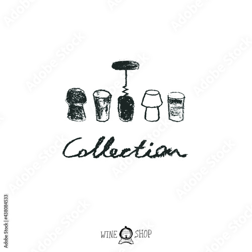 Wine cork illustrations with crayon texture. Wine corkscrew illustration vector. Wine-shop icon. Chalkboard texture. Wine stopper and for emblem vineyard, biodynamic wines, grape festival, bar sign.