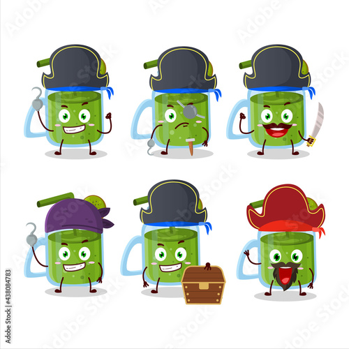 Cartoon character of kiwi smoothie with various pirates emoticons