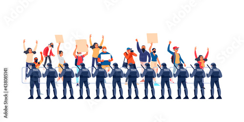 Group riot police with protective gear and shields. Peaceful rights protest, activists with placards, manifestation, men and women parade participation. Cartoon Flat style vector illustration