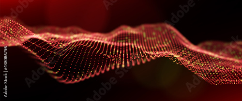 Abstract red and gold particle background. Flow wave with dot landscape. Digital data structure. Future mesh or sound grid. Pattern point visualization. Technology vector illustration.