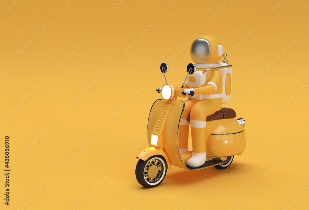 3D Render Astronaut Riding Motor Scooter Side View on a Yellow Background. 3D Render Astronaut Riding Motor Scooter Side View on a Yellow Background.