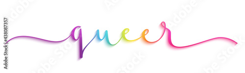 QUEER rainbow gradient vector brush calligraphy banner with swashes on white background