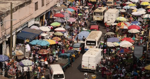 Accra Ghana Africa overhead Makola Street market. Historical busy congested market area downtown, Accra, Ghana. Historic place to buy and sell products. photo