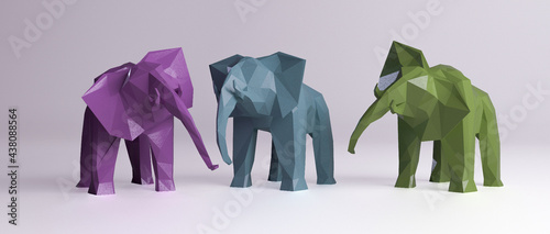 3d render for 3 colorful elephant type low poly