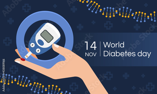 World diabetes day with hand hold Glucose testing blood tool in blue circle on dark blue cross sign texture and dna sign background vector design