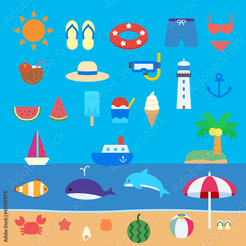 シンプルでかわいい海のイラストセット フラットデザイン