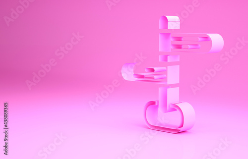 Pink Road traffic sign. Signpost icon isolated on pink background. Pointer symbol. Isolated street information sign. Direction sign. Minimalism concept. 3d illustration 3D render
