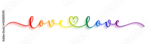 LOVE IS LOVE vector brush calligraphy banner with swashes and heart symbol in pride colors on white background