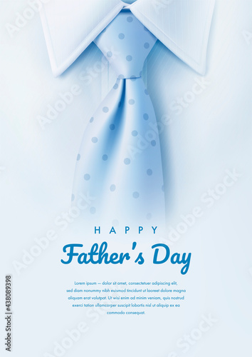 Happy father's day greeting card with realistic white shirt and blue tie. Vector illustration
