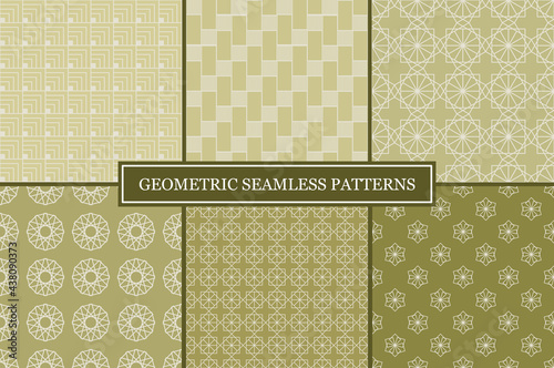 Olive Green Geometric Seamless Repeat Pattern Set, Olive Green Aesthetic Repeat Pattern, Modern Vector Background, Vector Illustration for Fabric Design, Wallpaper, Banner