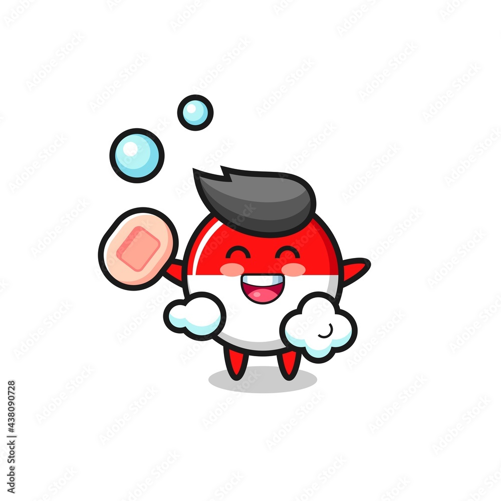 indonesia flag badge character is bathing while holding soap indonesia flag badge character is bathing while holding soap