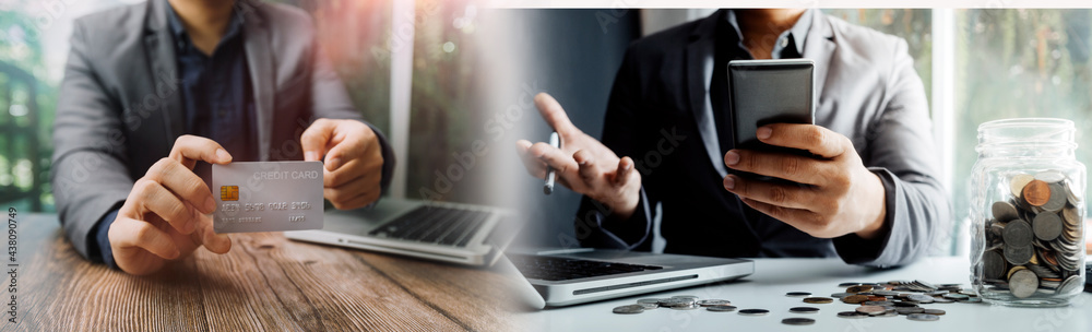 Male hand putting coins with money stack step growing growth and dollar bag. saving money, Concept finance business investment. Male hand putting coins with money stack step growing growth and dollar bag. saving money, Concept finance business investment.