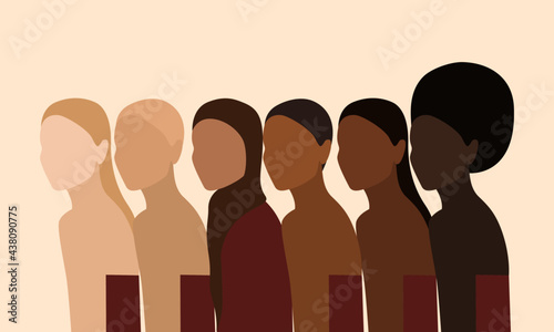 Six women of different nationalities and cultures stand side by side. Vector illustration of girls supporting each other, feminist movement. The concept of female solidarity and sisterhood. EPS 10
