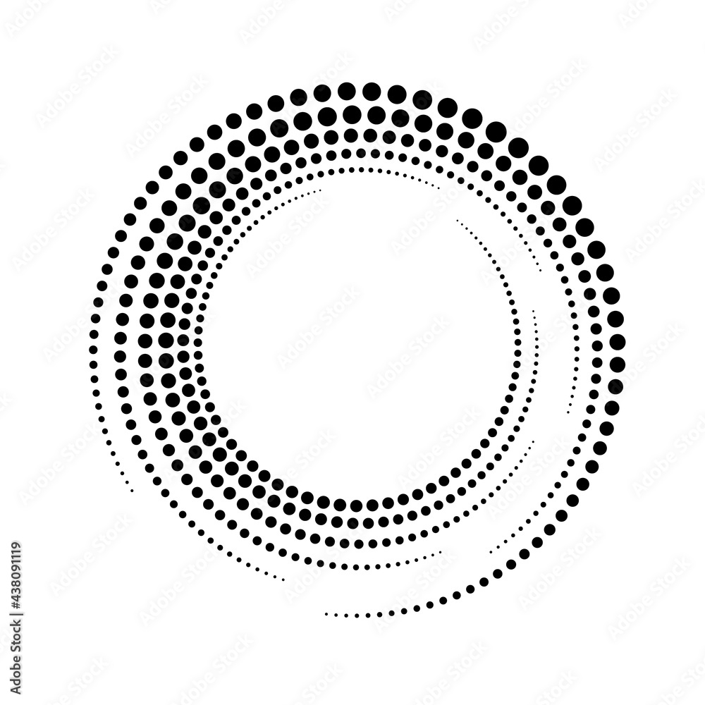 Circle dot spiral. Rotate frame. Futuristic ring with effect halftone. Border ripple. Modern abstract faded circle. Semitone dots. Arc shape spin round. Circular radial boarder. Swirl patern. Vector 