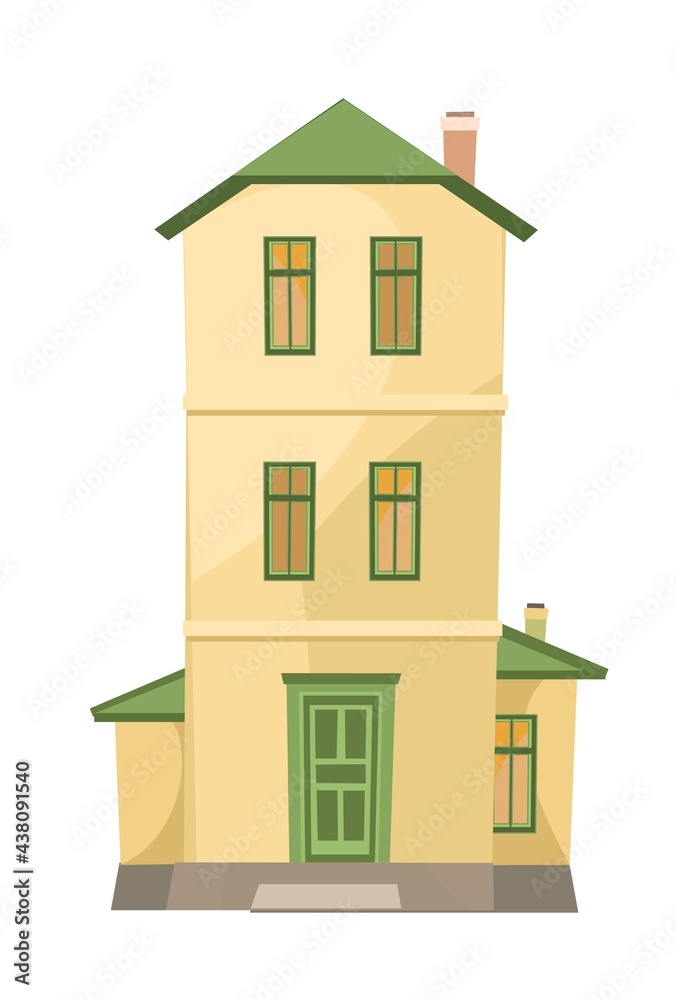 The house is simple cartoon. Cozy narrow rural dwelling in a traditional European style. Cute yellow home. Isolated on white background. Vector