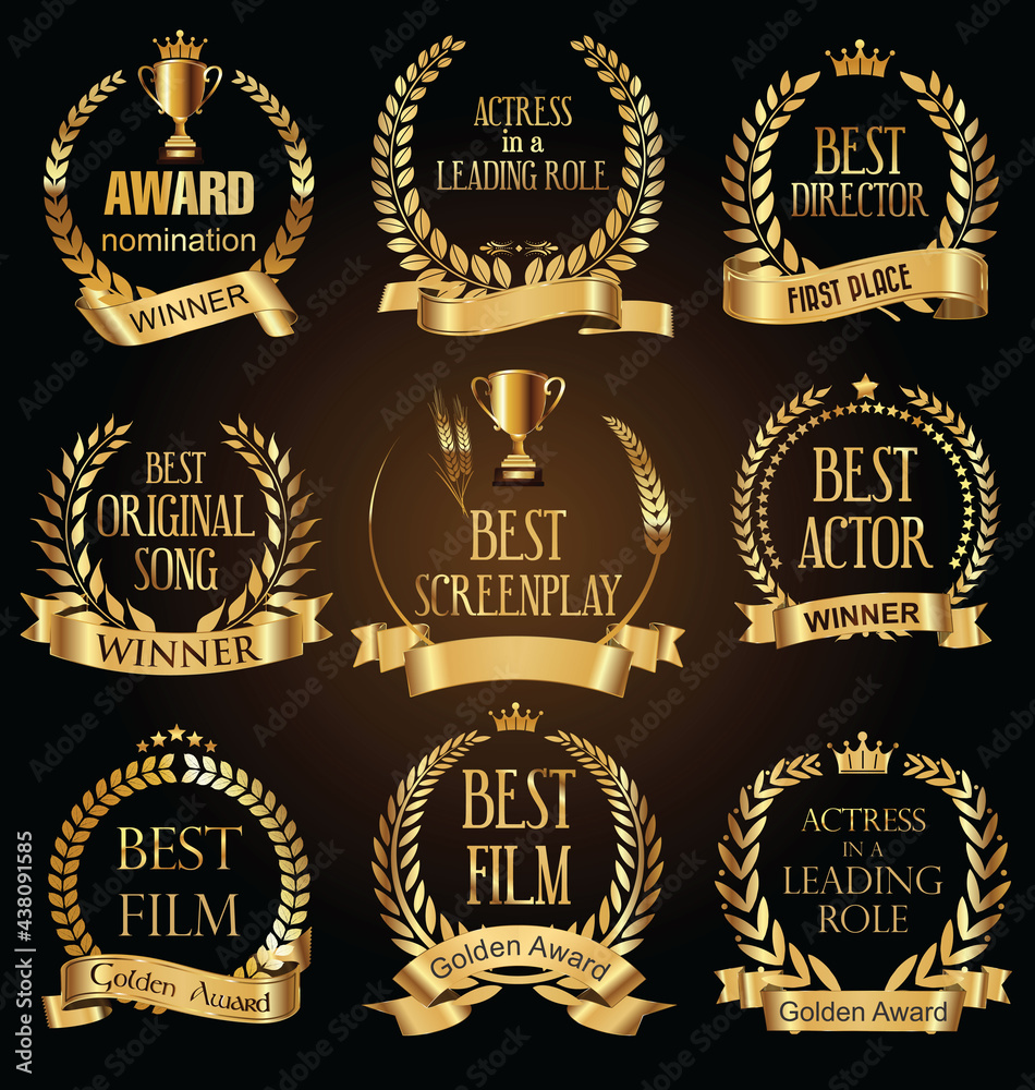 Collection of golden label with laurel wreath film award luxury template design