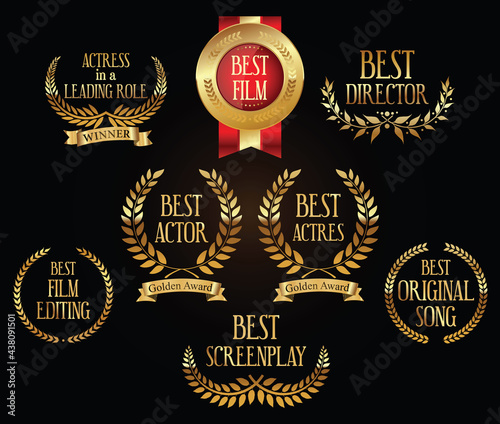 Collection of golden label with laurel wreath film award luxury template design