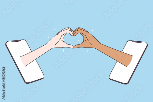 Dating in internet and multiracial love concept. Hands of mixed race woman and man forming heart shape with fingers from smartphones screens vector illustration 