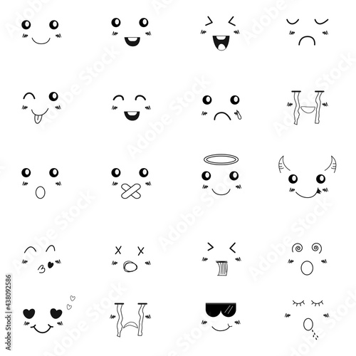 Emojis face feeling line cute. set of 12 facial features with different emotions for your cartoon character design in linear style isolated on white background.