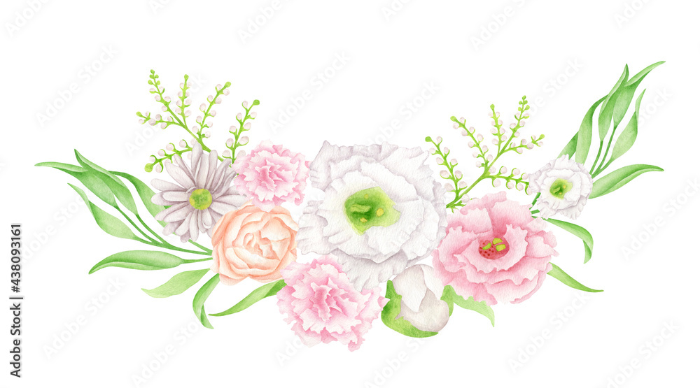 Watercolor floral wreath. Hand drawn flower bouquet isolated on white background. Botanical arrangement. Elegant composition with pastel flower buds for wedding invitations, save the date, cards.