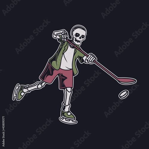 vintage t shirt design the skull in the position of catching the ball with his stick hockey illustration