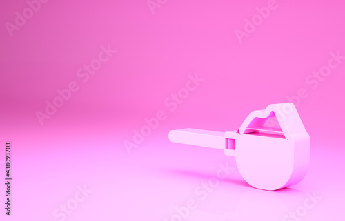 Pink Measuring cup with flour icon isolated on pink background. Baking Ingredients. Healthy organic food. Dough cooking. Minimalism concept. 3d illustration 3D render