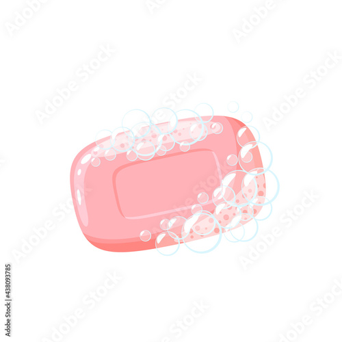 Soap bar in foam and bubbles. Vector illustration cartoon flat icon isolated on white background.