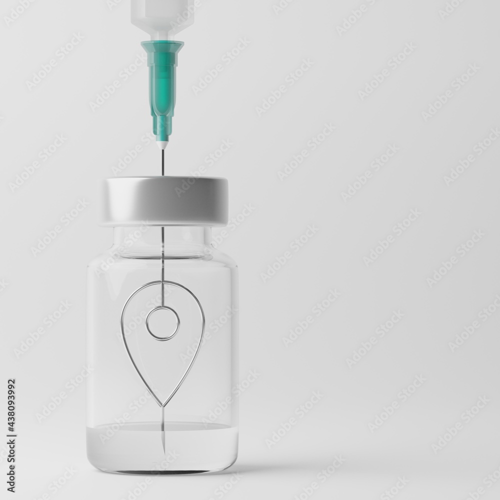 3D rendering Covid-19 vaccine syringe with GPS navigator sign in bottle, Travel bubble roadmap, Vaccination Campaign for Herd immunity concept design on grey gradient background with copy space 3D rendering Covid-19 vaccine syringe with GPS navigator sign in bottle, Travel bubble roadmap, Vaccination Campaign for Herd immunity concept design on grey gradient background with copy space