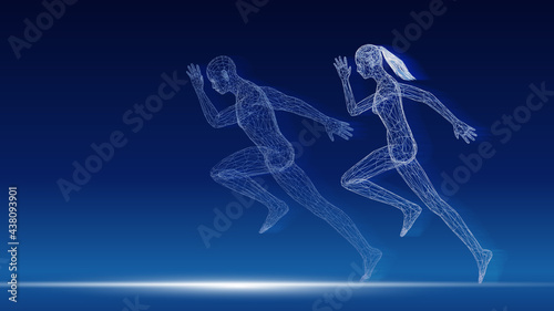 3D rendering running man and woman from mesh.,point connecting network on blue background.