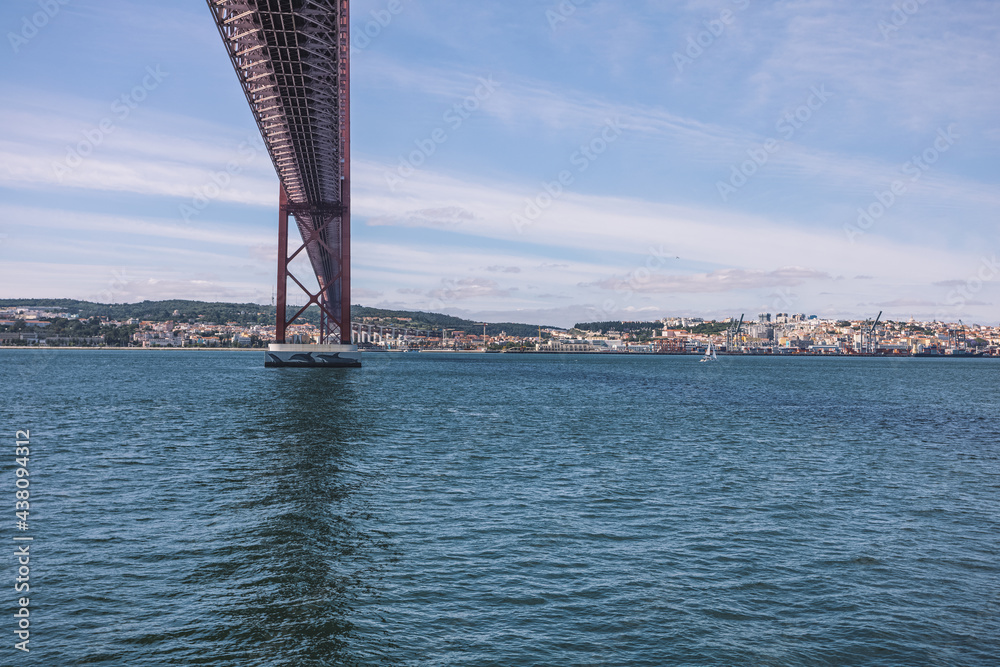 Fototapeta premium wide panorama of the river with beautiful blue water and a large bridge over the river