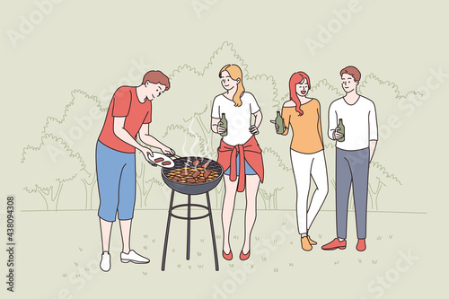 Having picnic and barbecue concept. Group of young happy smiling friends people standing chatting having bbq party with drinks outdoors on nature vector illustration